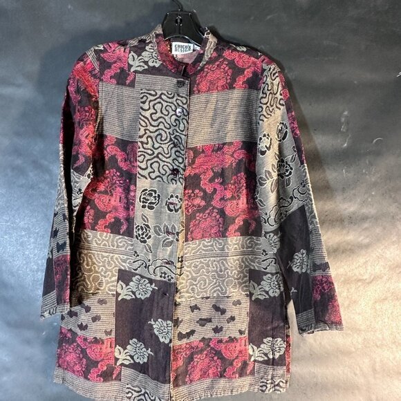 Chicos Size 0 Kimono Shirt Boho Bohemian Floral Patchwork Button Up Brown Red XS - Picture 1 of 14